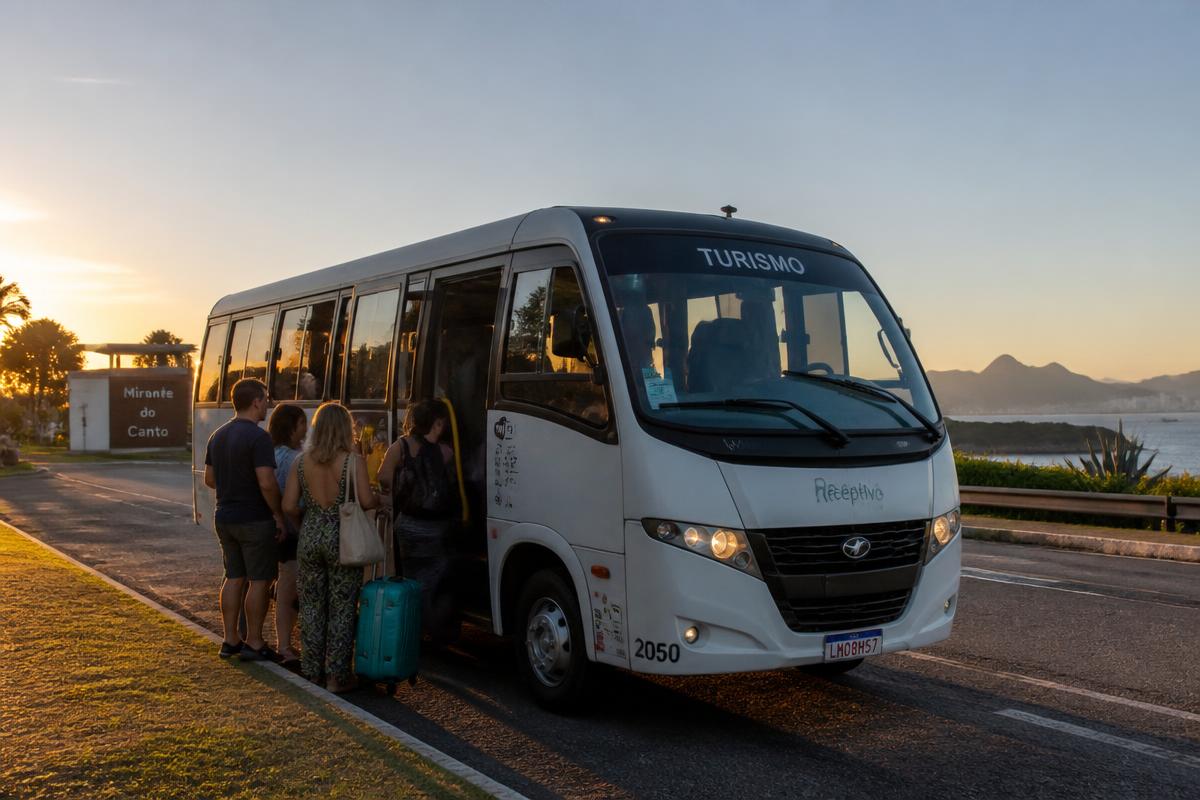 Micro-ônibus de turismo com passageiros embarcando