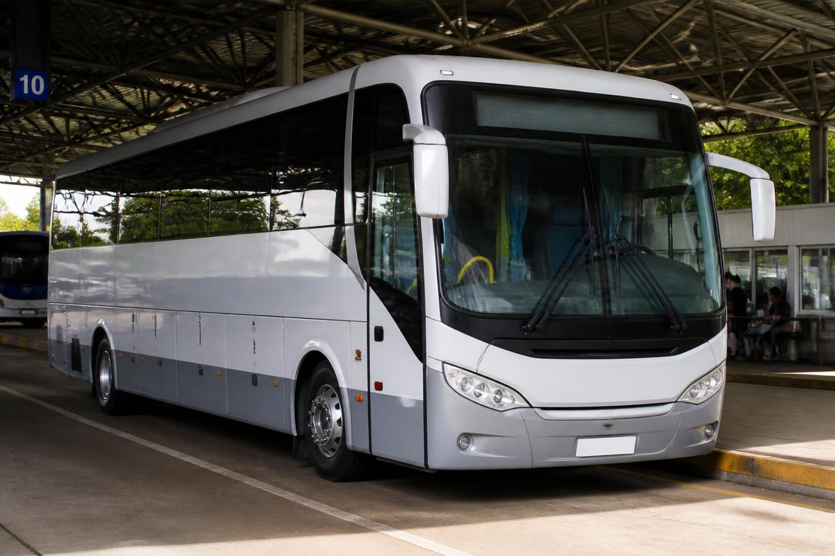 Ônibus rodoviário de linha em plataforma de terminal